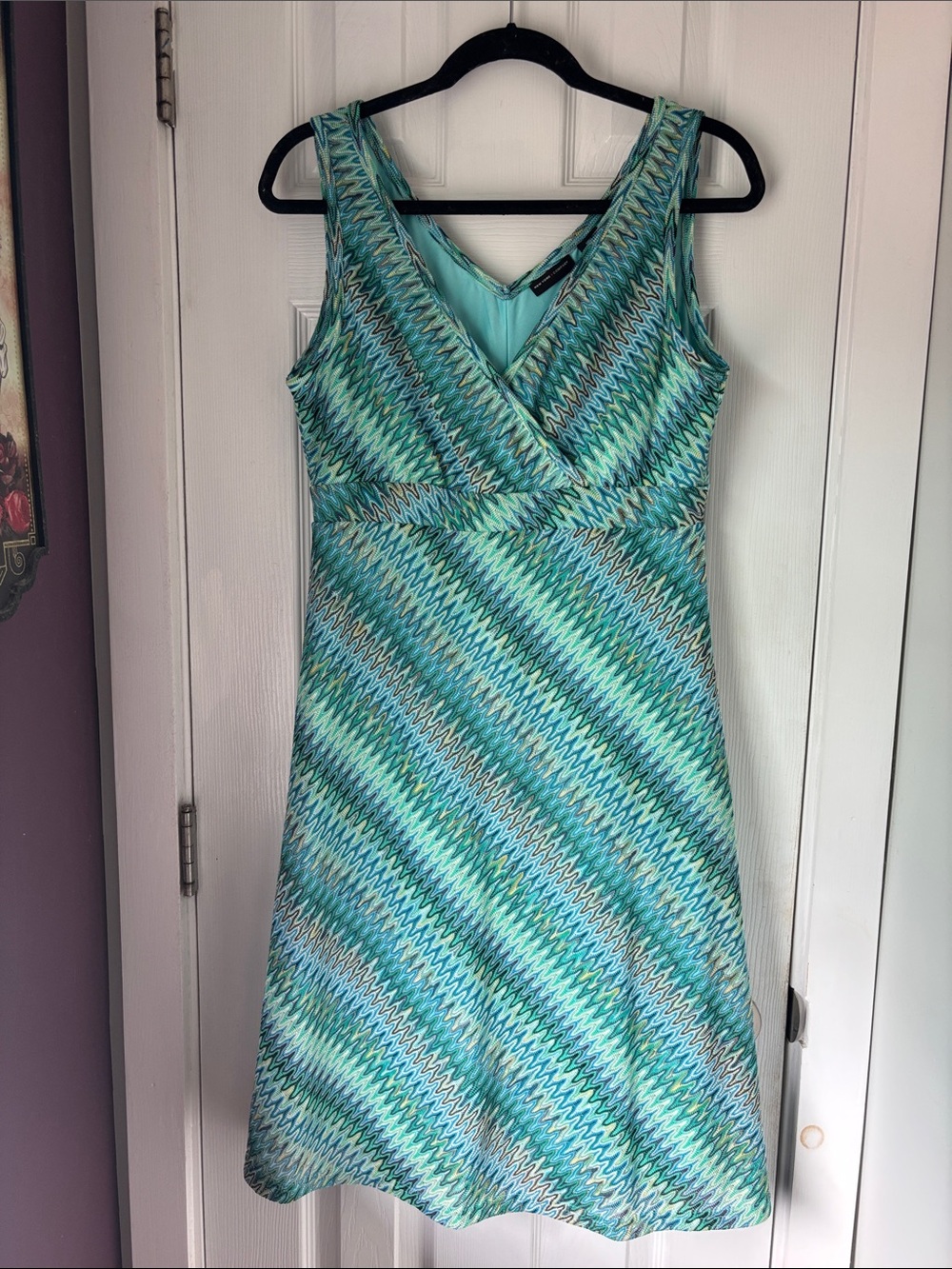 New York & Company Aqua and Teal Chevron Wrap Dress